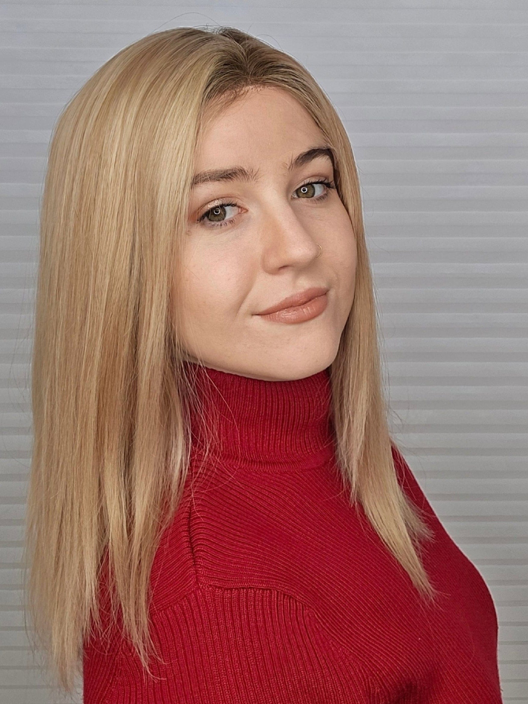 Megan wearing Sophia Human Hair Wig in color Brulee - Front View