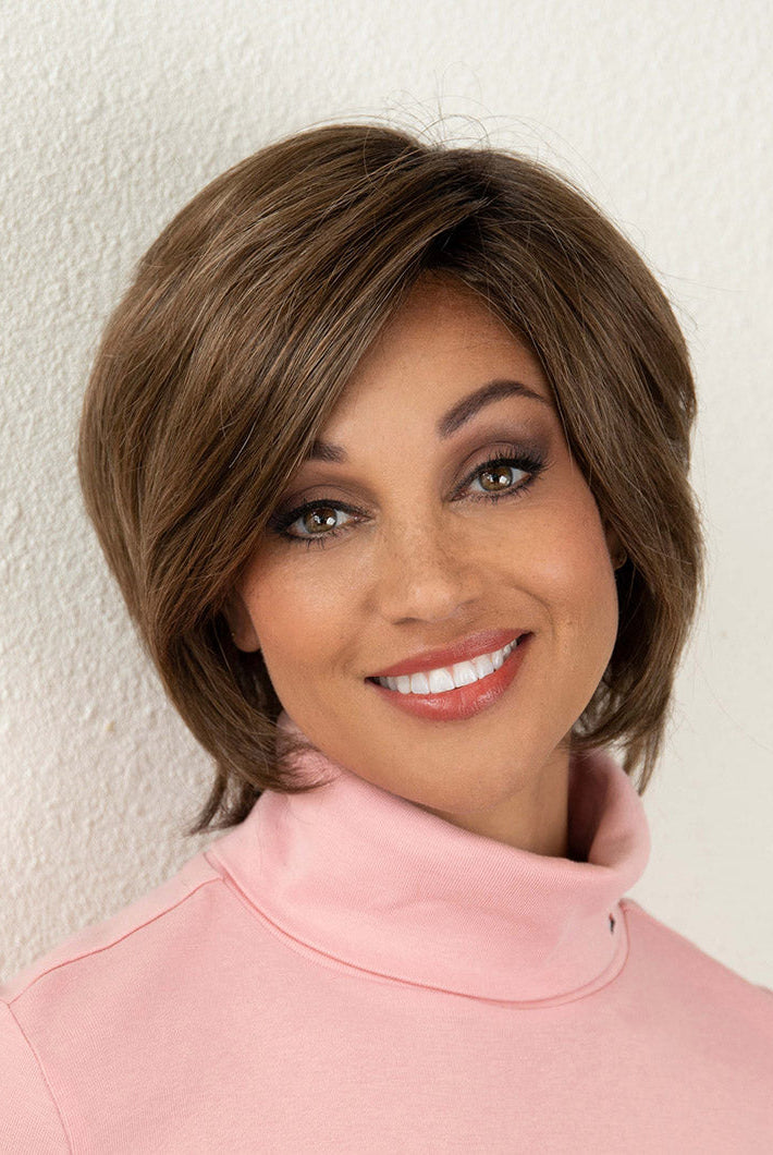 Woman wearing chin-length brunette bob wig (Juliet by Envy in color Macchiato)