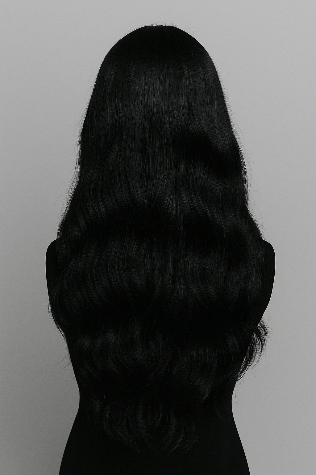 Mannequin wearing a black 24 inch wig, back