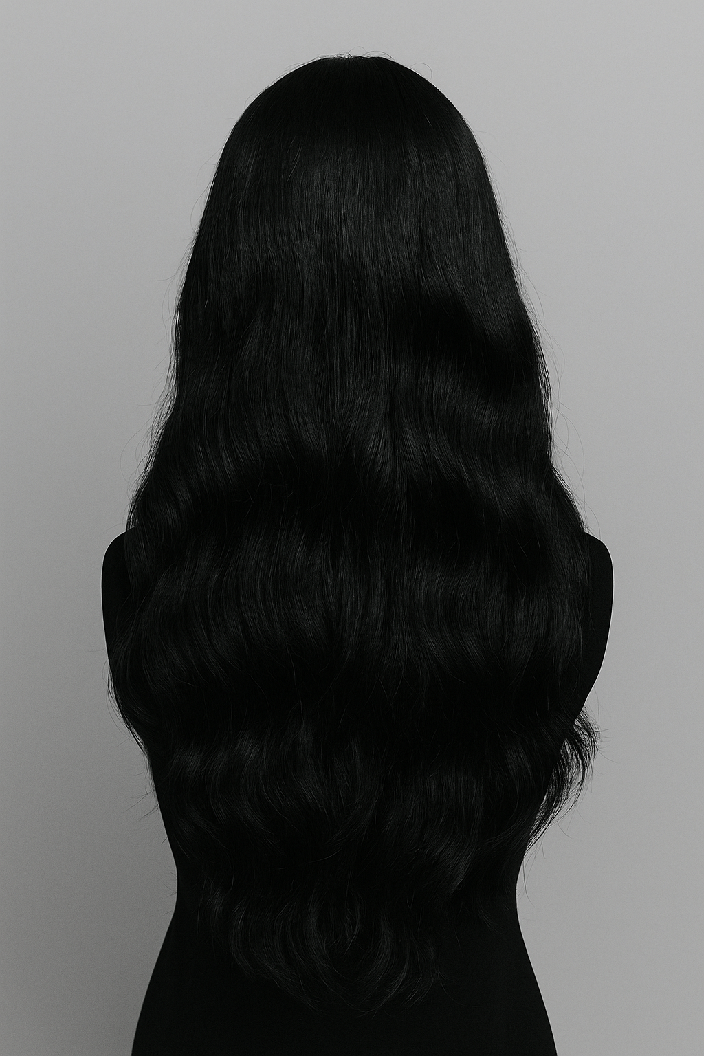 Mannequin wearing a black 24 inch wig, back