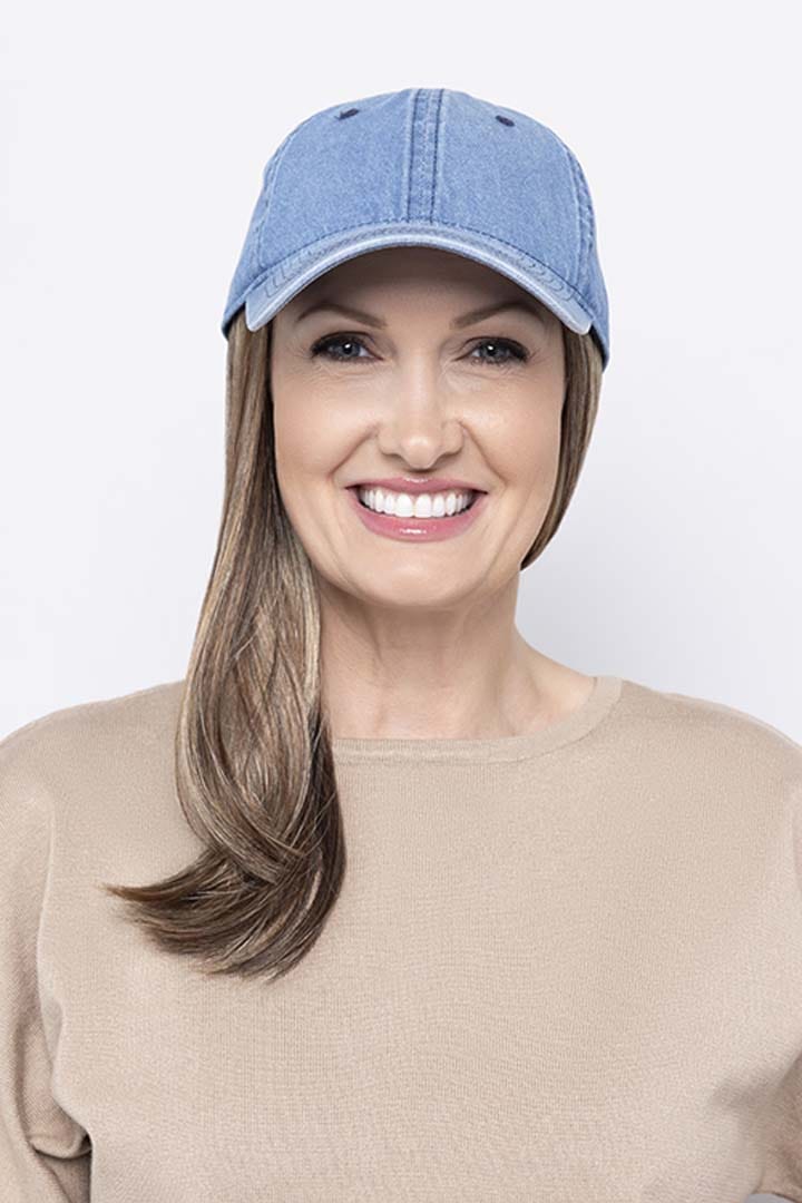 Woman wearing Long Hat Denim by Henry Margu in 8/27/33H | Front hair pulled to side over shoulder