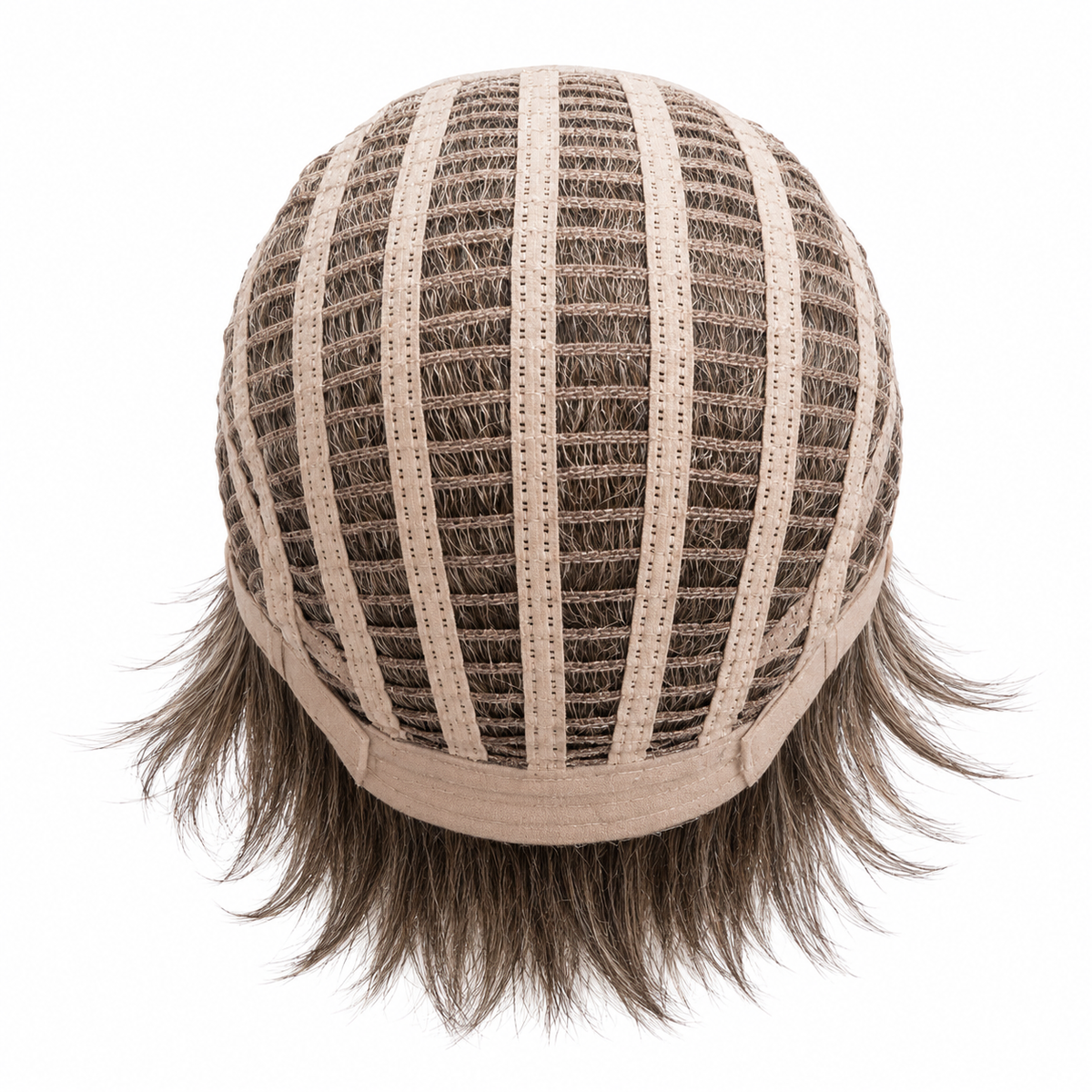 Interior view of Asha synthetic wig showing the breathable open-cap construction and adjustable straps.