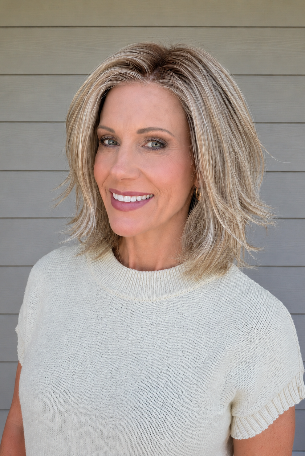 Woman with short blonde wavy wig (Rebecca by Belle Tress in color Sparkling Champagne)