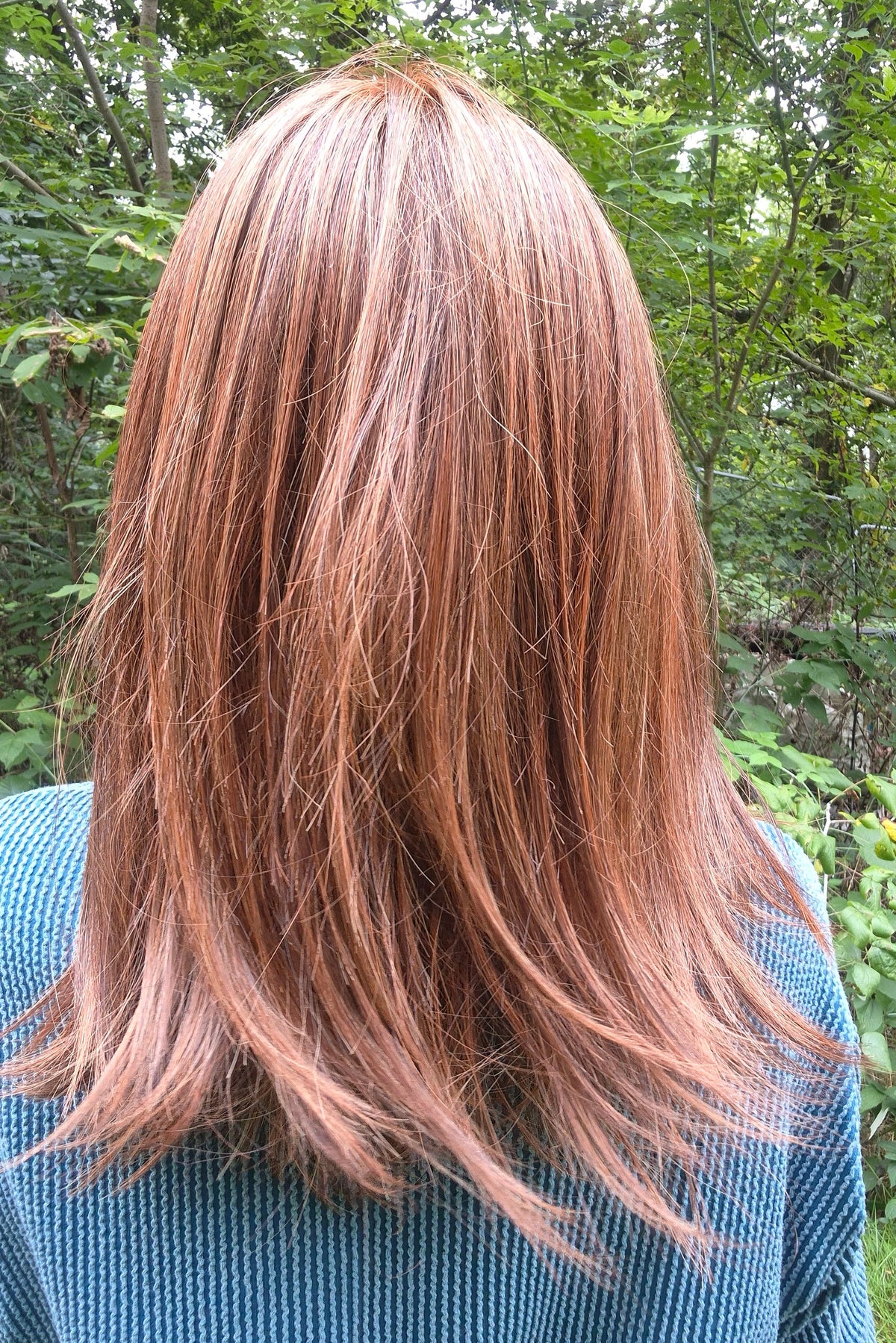 A woman with shoulder-length auburn hair wearing a blue ribbed knit sweater (Box Office Beauty by Raquel Welch in Cinnabar)