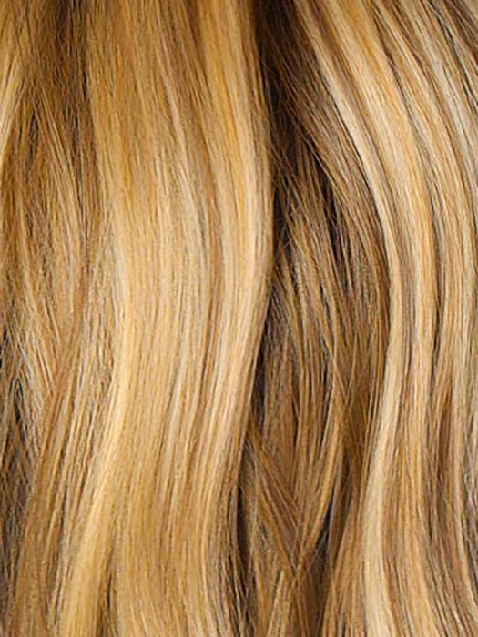 Bronzed Honey-R | A perfect blend of rich, warm golden blond and medium chocolate brown tones, complemented by a dark chocolate root that adds a luxurious, dimensional effect.