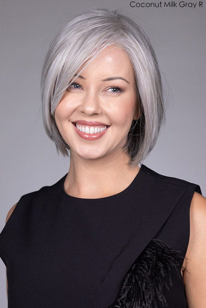 Model wearing Dion wig by Belle Tress in Coconut Milk Gray-R | Front