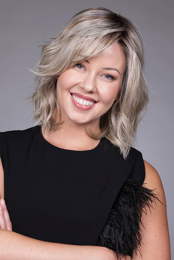 Woman wearing Donna wig by Belle Tress in Butterbeer R | Front