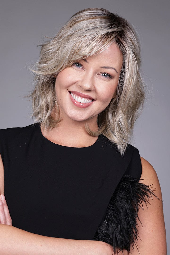 Woman wearing Donna wig by Belle Tress in Butterbeer R | Front