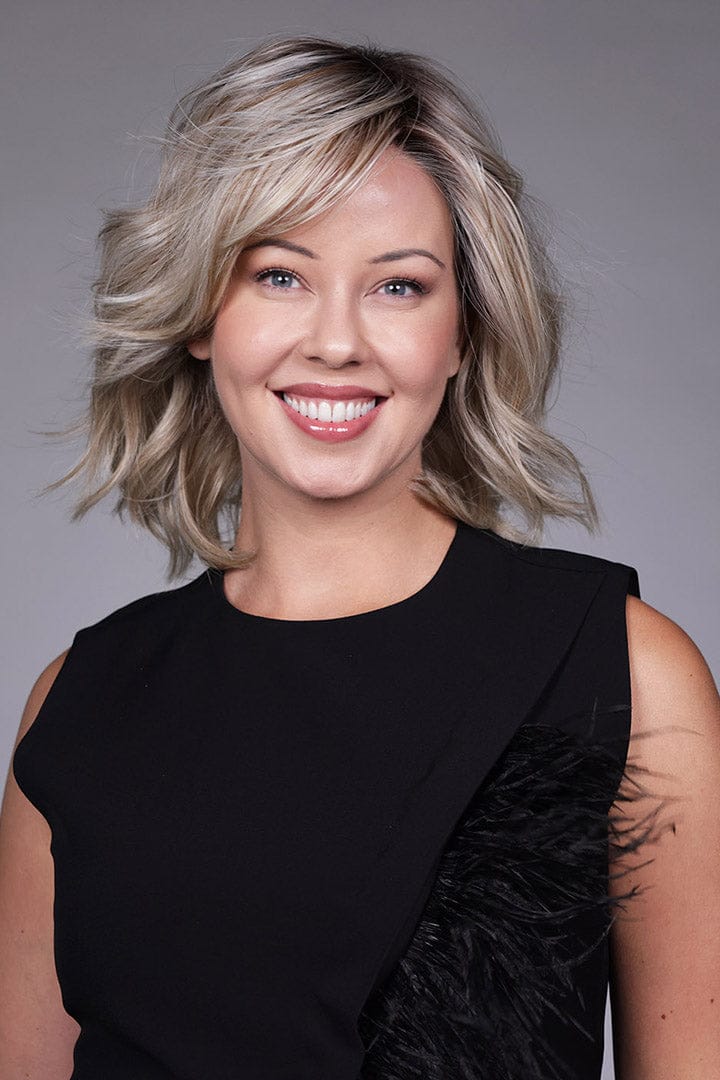 Woman wearing Donna wig by Belle Tress in Butterbeer R | Front