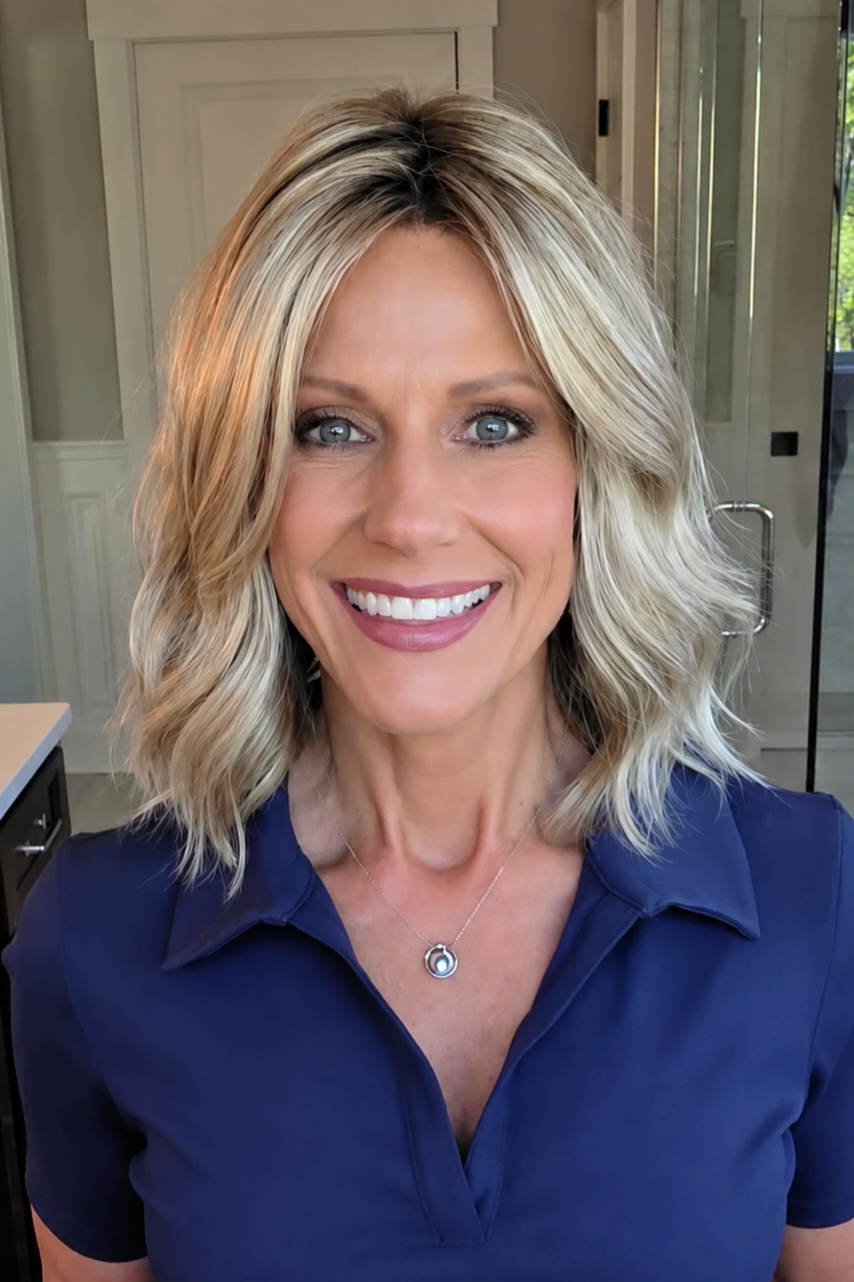 Woman wearing blonde wavy lob (Charlotte Hand-Tied by Envy in Prosecco).