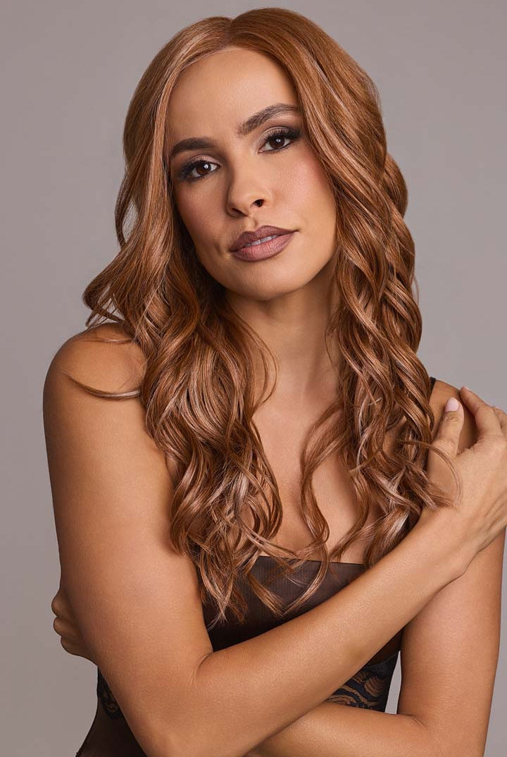 Woman wearing Esme wig by Rene of Paris in Caramel Copper | Front