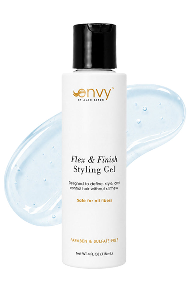 Envy Flex & Finish Styling Gel bottle with a black cap and a clear, light blue gel swatch behind it.