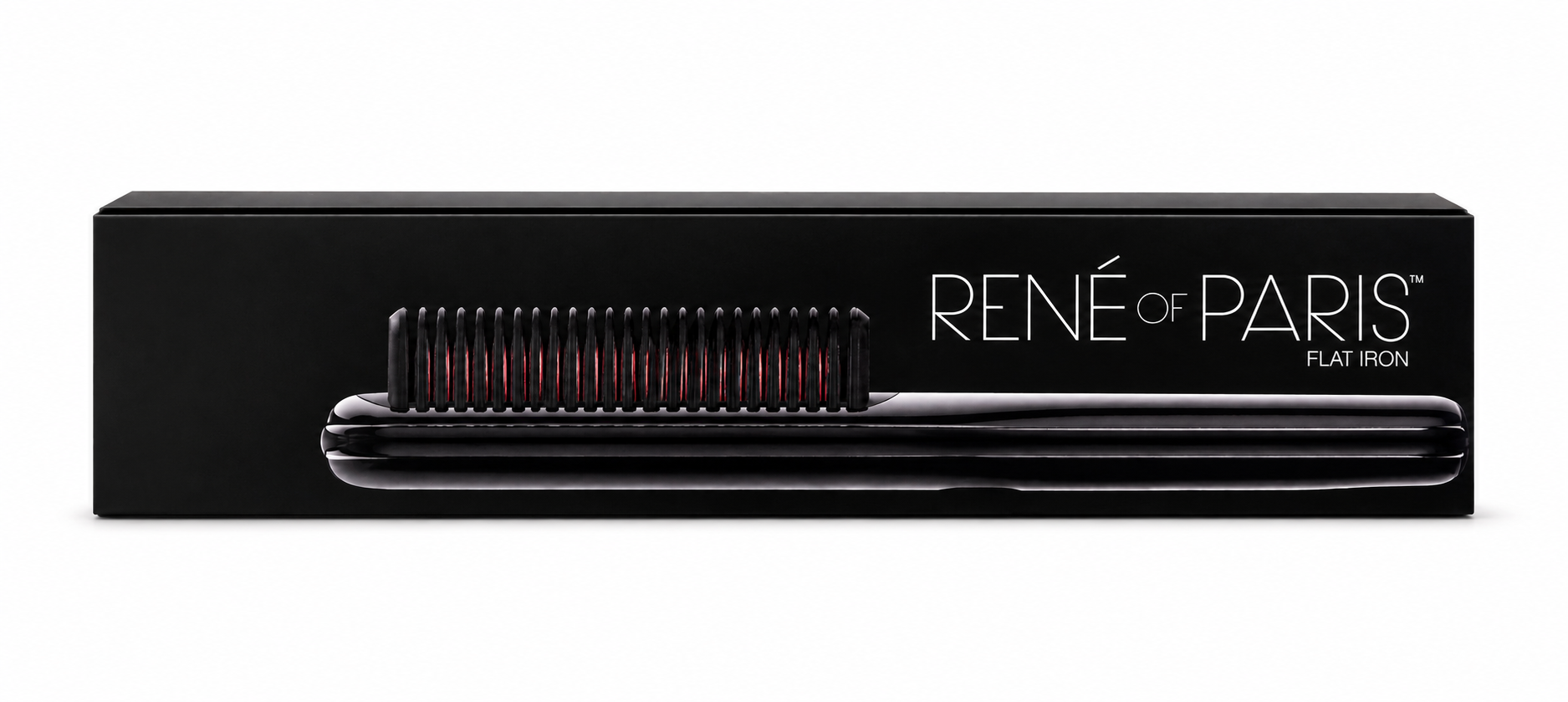René of Paris Flat Iron box packaging in black, featuring a graphic of the flat iron and white brand lettering on a white background.