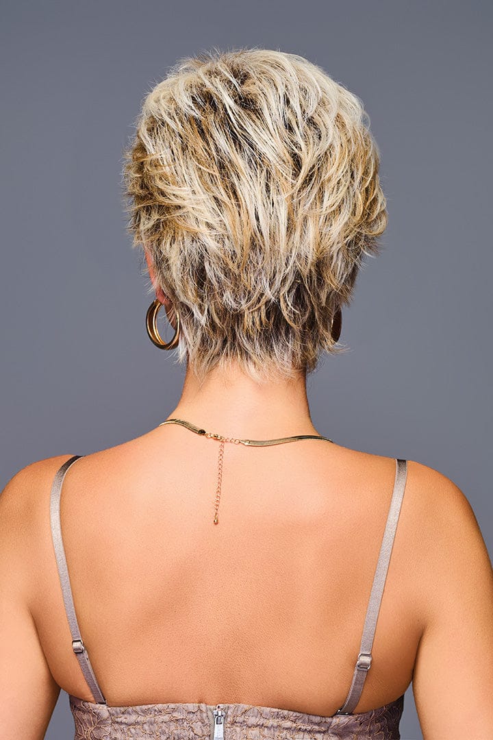 Model 1 side view, short blonde hair, GB on set