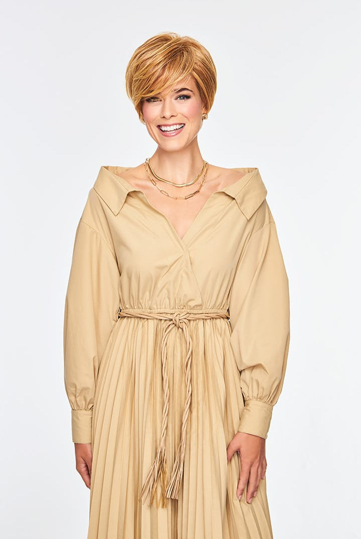Woman wearing Devotion wig by Gabor in Light Red | Front Full Body Smiling