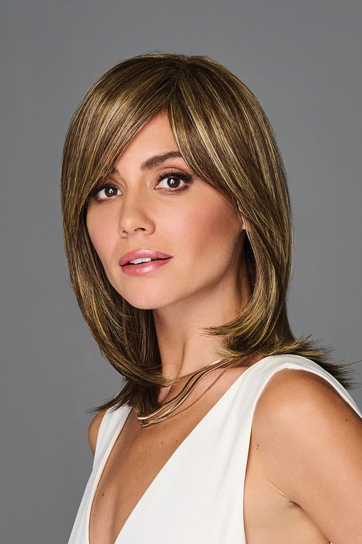 Woman wearing Illumination wig by Gabor in Brown/Blonde | Front looking to side