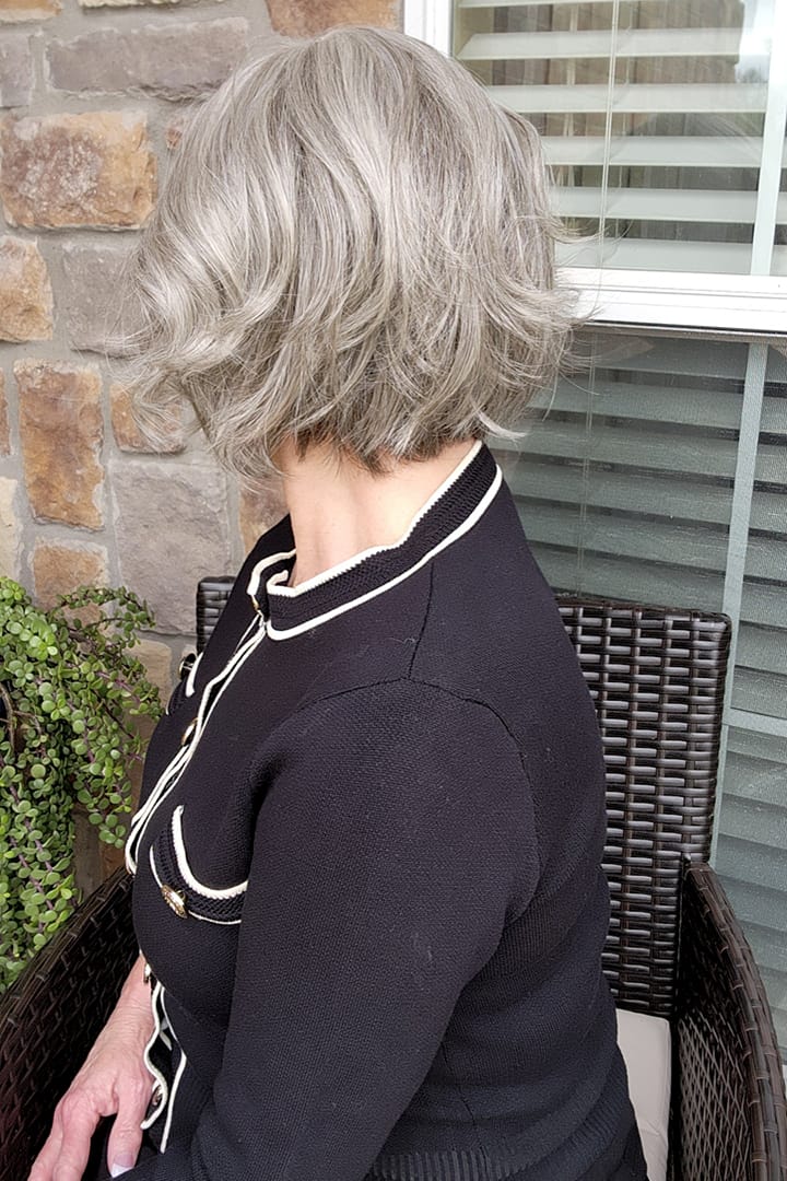 Woman with short gray bob wig (Trend Alert Luxury by Gabor in Silver and Smoke) back