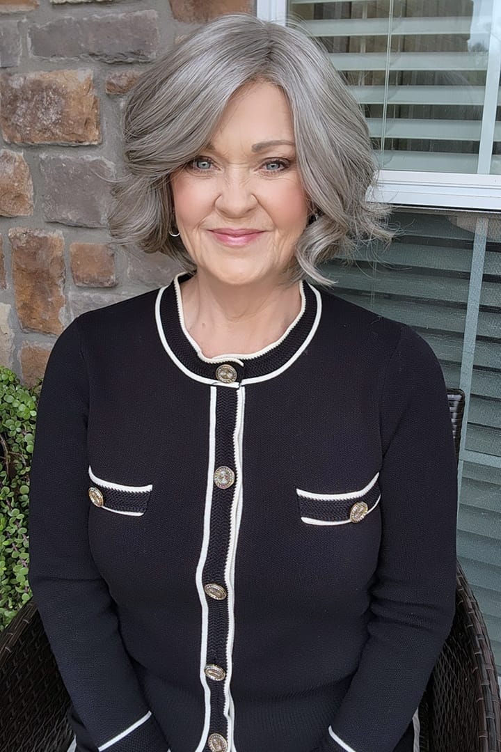 Woman with short gray bob wig (Trend Alert Luxury by Gabor in Silver and Smoke) outside