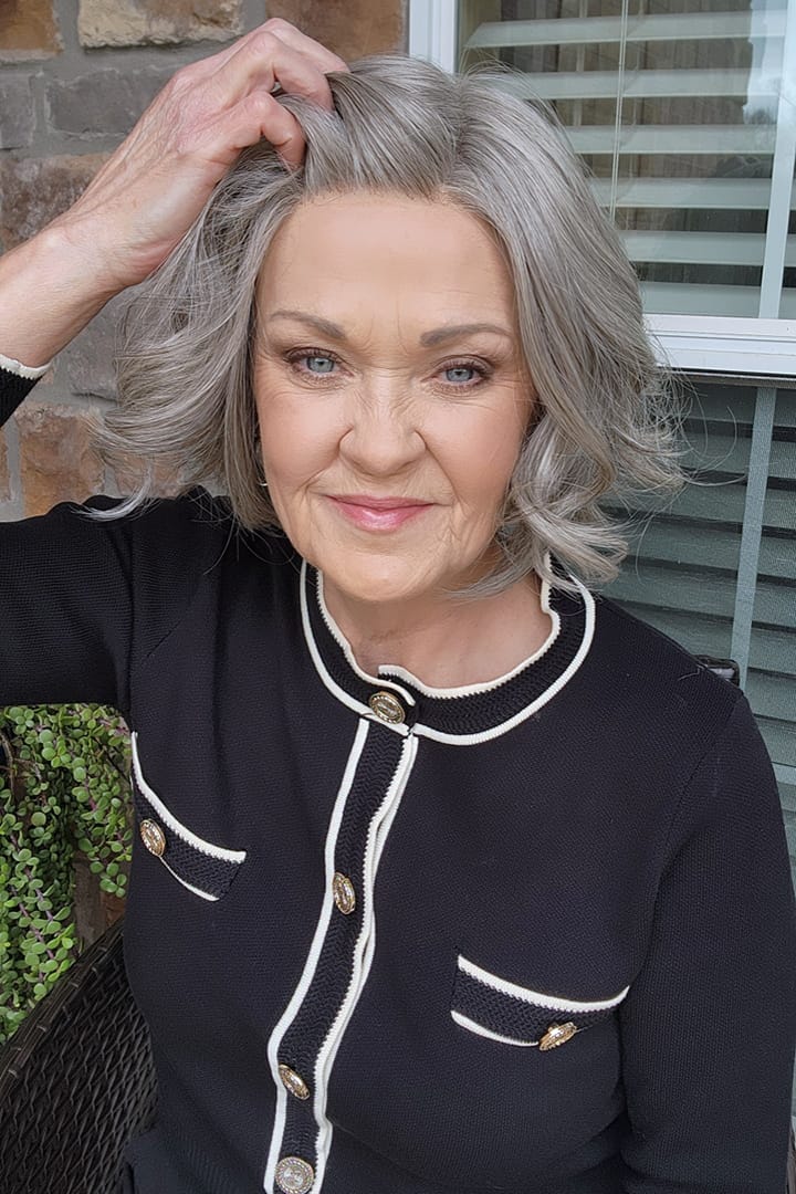 Woman with short gray bob wig (Trend Alert Luxury by Gabor in Silver and Smoke) hairline