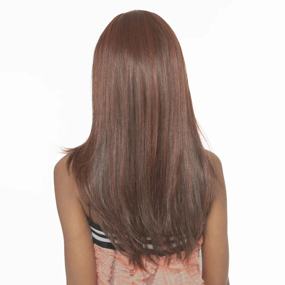 Glam HF Synthetic Lace Front Wig by TressAllure, long layered reddish-brown hair, back view.