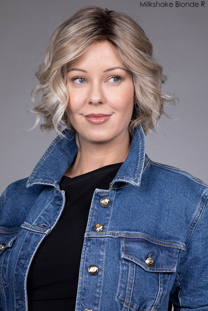 Model wearing Houston wig by Belle Tress in Milkshake Blonde-R Front