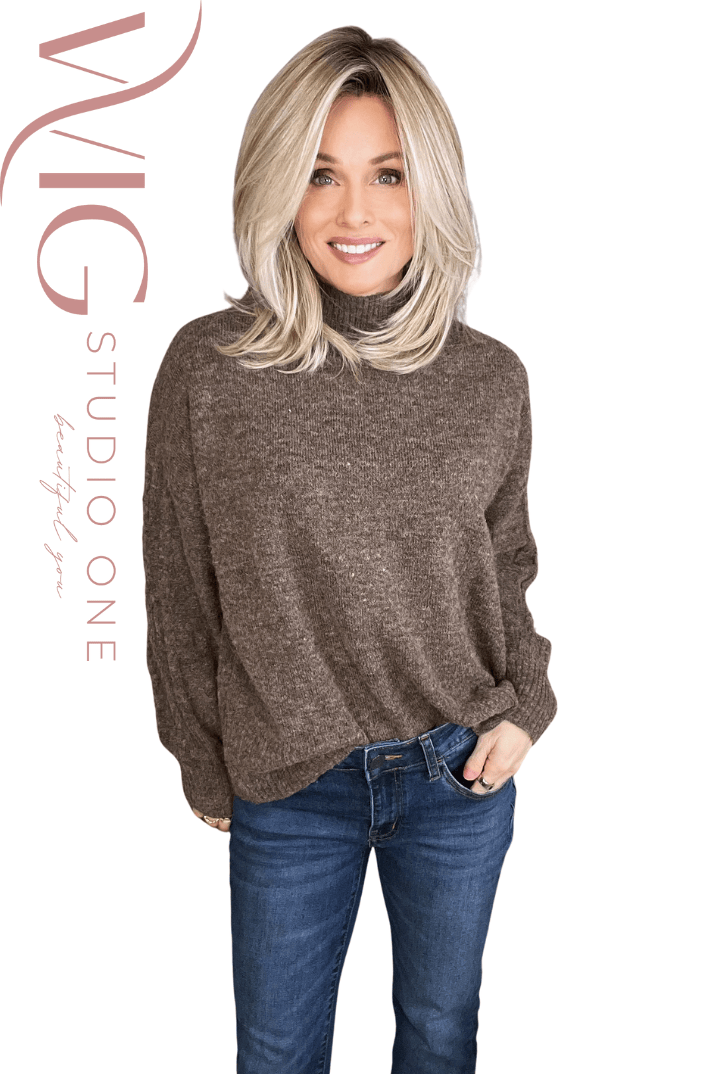 Woman wearing layered blonde rooted shoulder length wig (Henry Margu's London in 26GR)