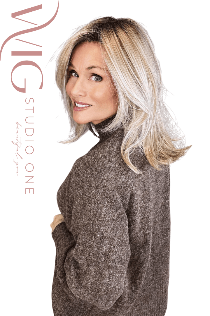 Woman wearing layered blonde rooted shoulder length wig (Henry Margu's London in 26GR)