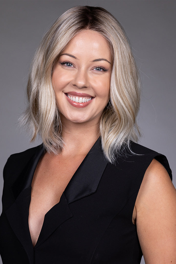 Indie by Belle Tress shoulder-length blonde bob wig with lace front and natural monofilament top.
