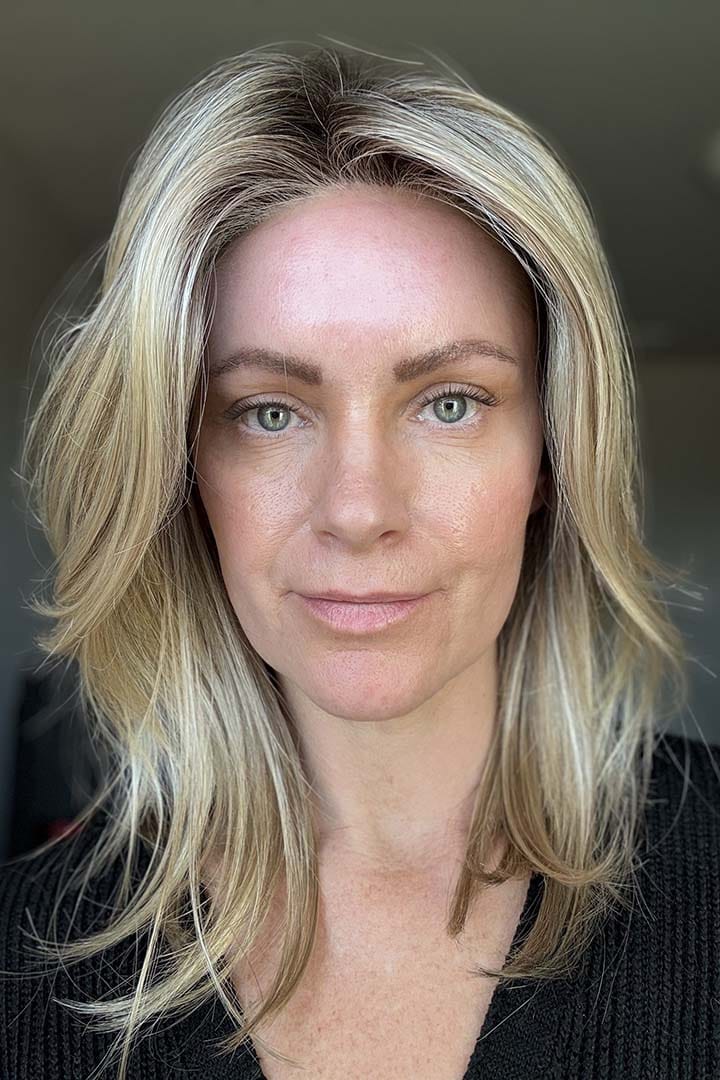 Katie wearing Jon Renau Top Smart 12" Topper in Shaded Praline_Front