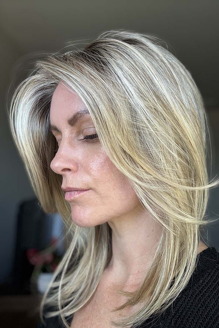 Katie wearing Jon Renau Top Smart 12" Topper in Shaded Praline_Side 2