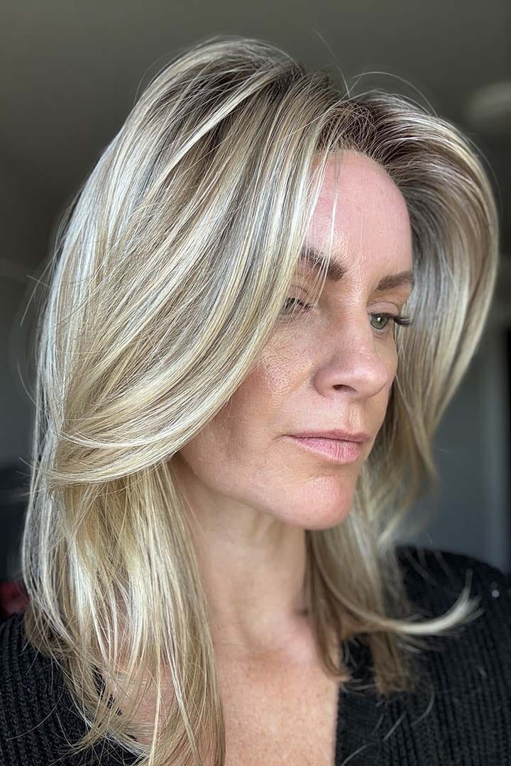 Katie wearing Jon Renau Top Smart 12" Topper in Shaded Praline_Side 1