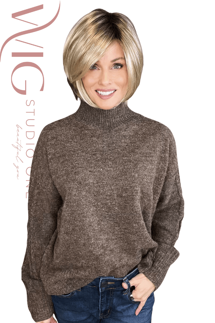 Woman wearing rooted blonde chin-length bob style (Jon Renau's Ava in 12SF8)