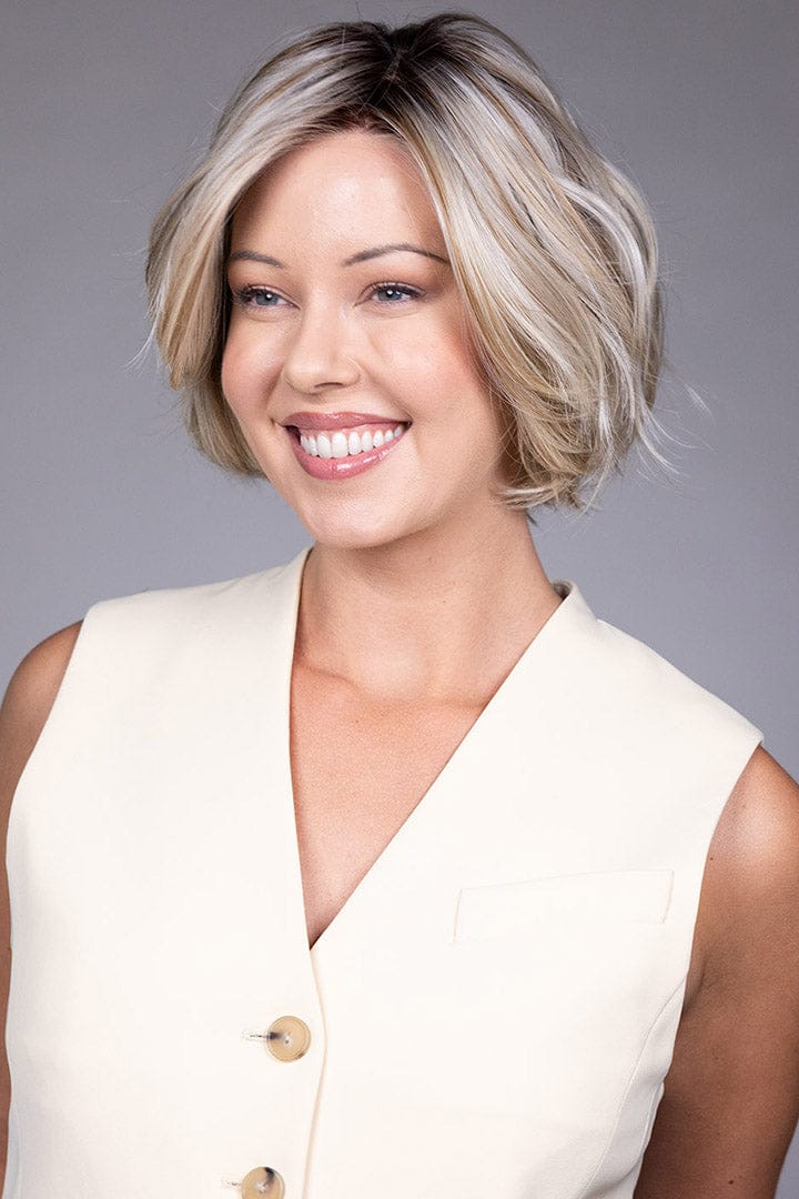 Woman is wearing Kate wig by Belle Tress in Butterbeer R | Side