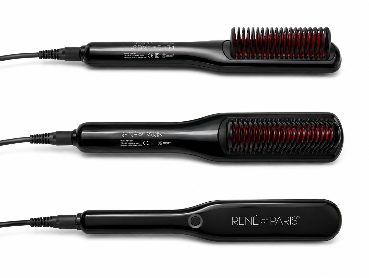 Three black René de Paris flat iron styling tools shown horizontally on a white background, displaying both the brush end and the heated flat end.