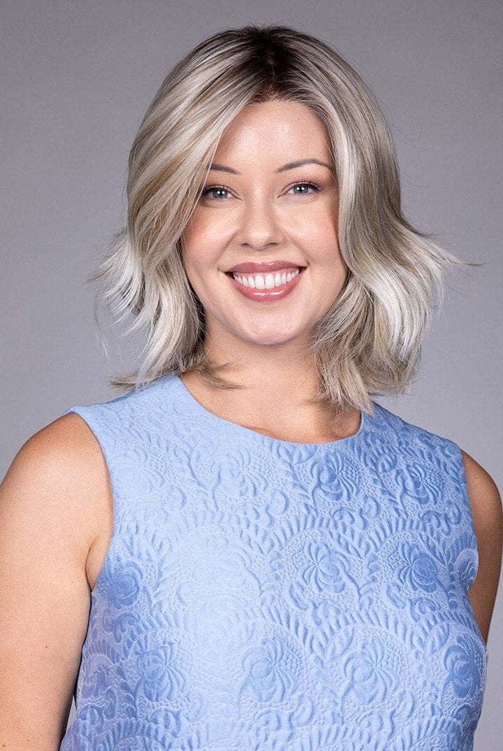 Woman wearing Rebecca wig by Belle Tress in Butterbeer R | Front