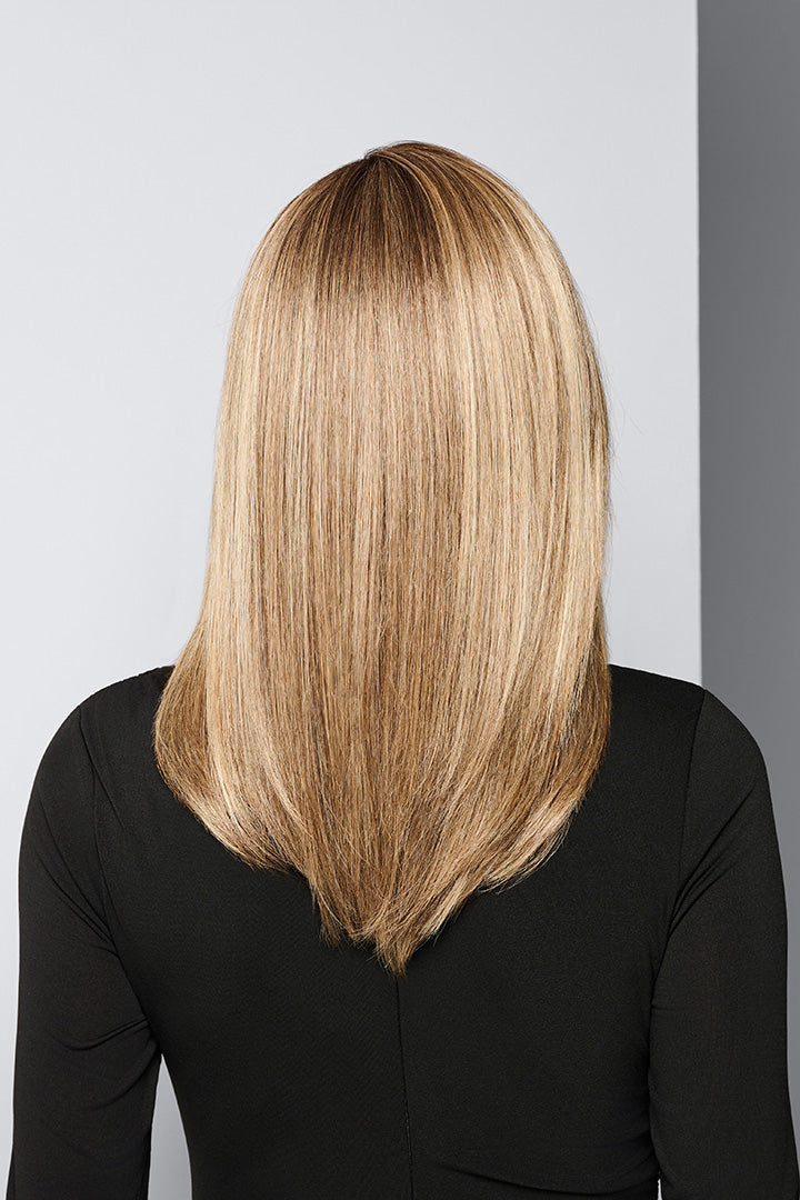 Back view of a blonde, shoulder-length synthetic lob wig with smooth, straight layers and a natural-looking finish.