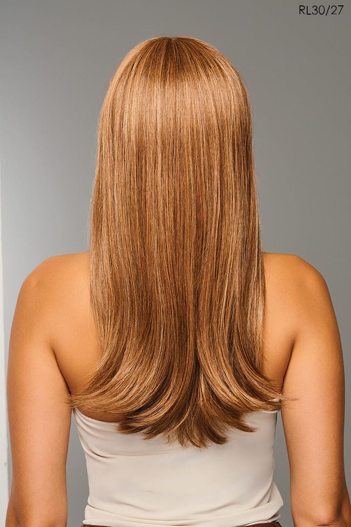 Sleek Sophistication Model 2 - Side view of long, straight auburn hair.