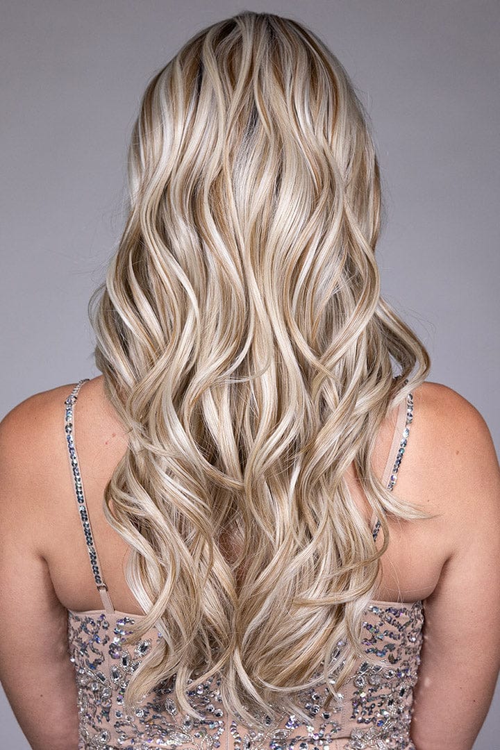 Woman wearing Sophia wig by Belle Tress in Butterbeer-R | Back