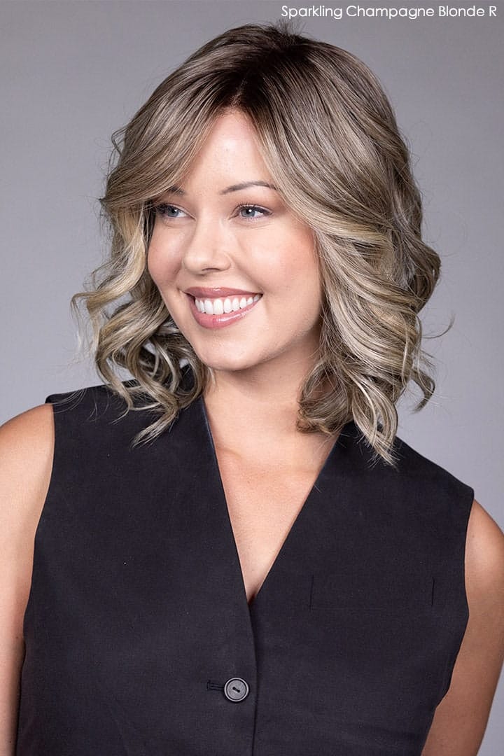 Model wearing Streep wig by Belle Tress in Sparkling Champagne Blonde R Front