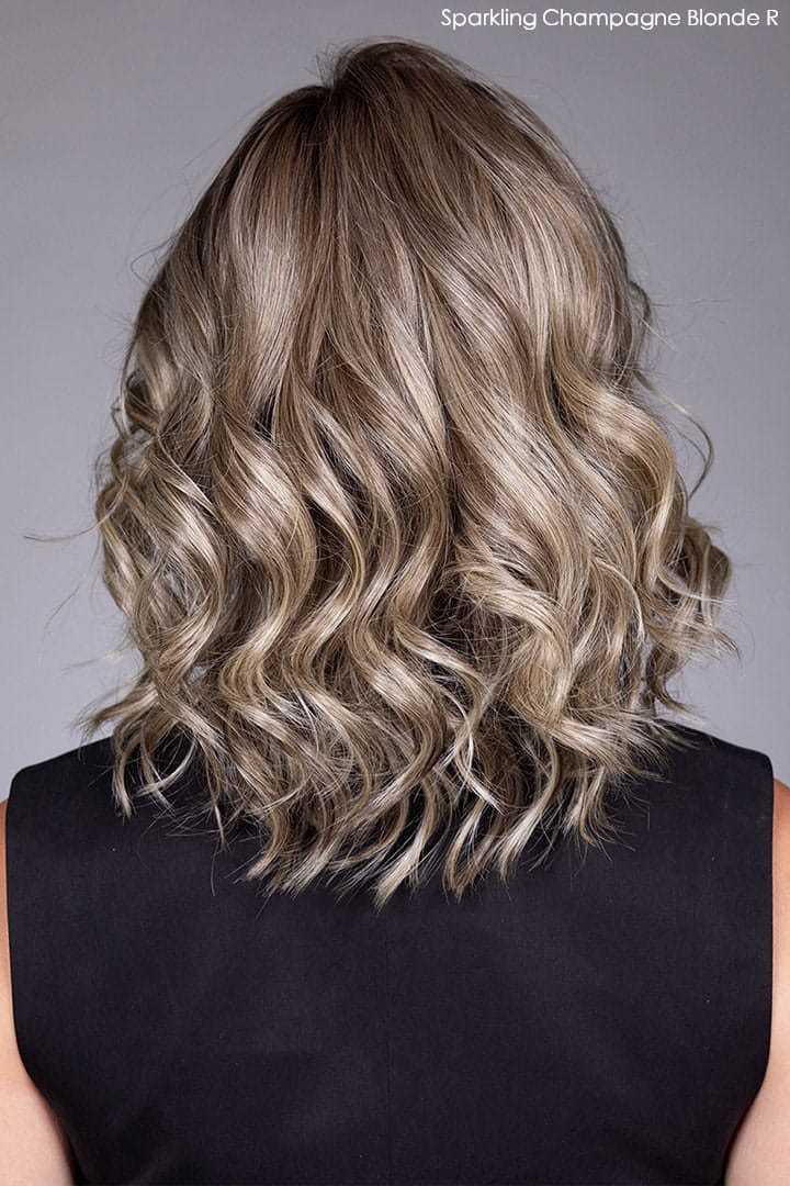 Model wearing Streep wig by Belle Tress in Sparkling Champagne Blonde R Back