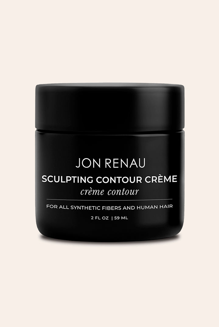 A black jar of Jon Renau Sculpting Contour Crème on a light beige background.