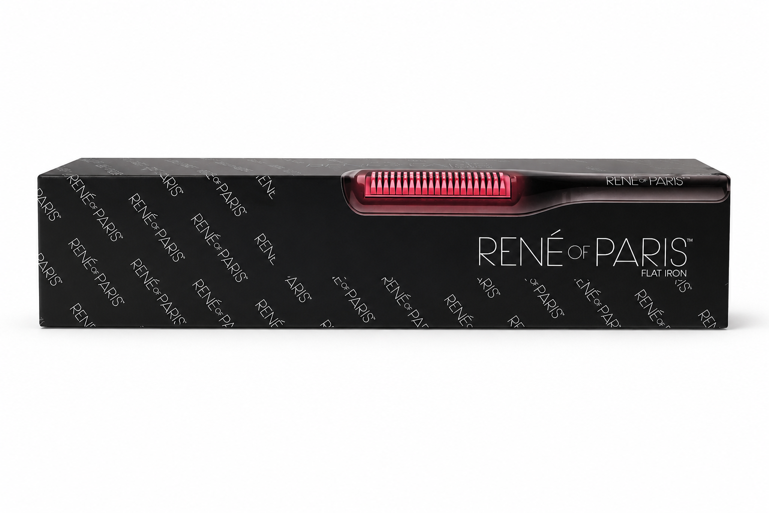 René of Paris Flat Iron box packaging, featuring a black exterior with white brand lettering and a pink inner tray visible through a cutout on the top front.