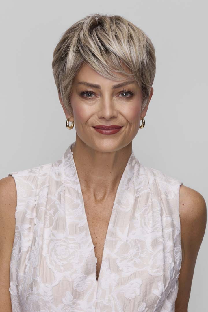 Woman wearing Tess wig by Jon Renau in FS17/101S18 | Front bangs styled down across forehead