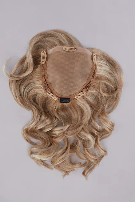 Blonde synthetic hair topper 10-16in with wavy curls.