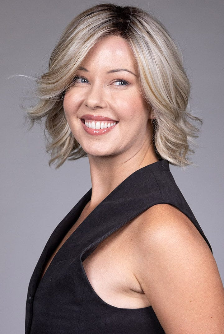 Woman wearing Victoria wig by Belle Tress in Butterbeer R | Front