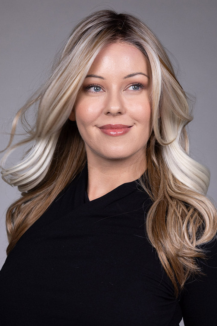 Wisteria by Belle Tress long synthetic wig with flowing waves, face-framing blonde money piece highlights, and lace front.