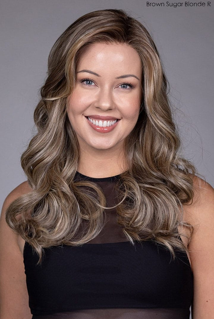 Model is wearing Witherspoon wig by Belle Tress in Brown Sugar Blonde-R | Front