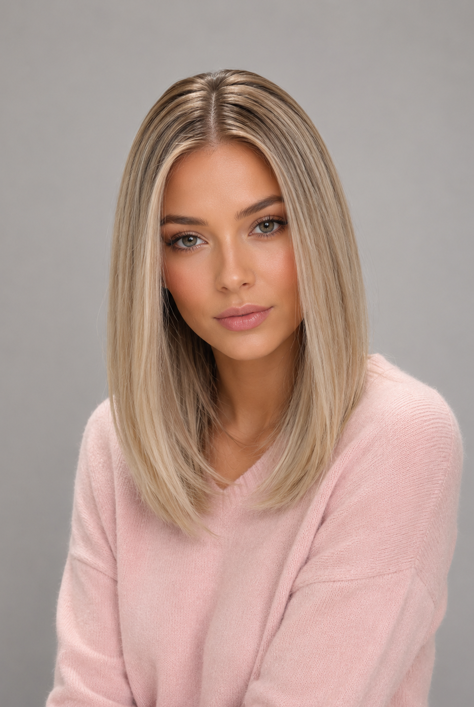 Woman wearing Adelina synthetic wig by PUSH in color white champagne rooted in a light pink v-neck sweater against a light grey background - front view
