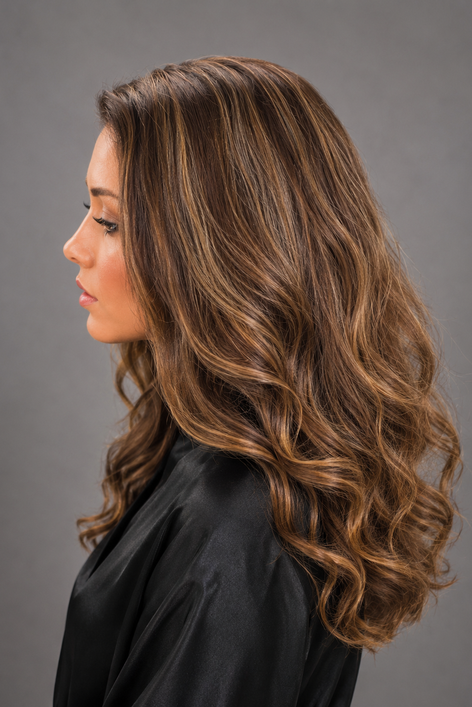 Woman wearing Remy Human Hair Wig by PUSH 14-22" - Left side view in color Belle | A base of rich brown, complemented by highlights in both light brown and medium ash blonde, creating a multi-dimensional and natural-looking effect.