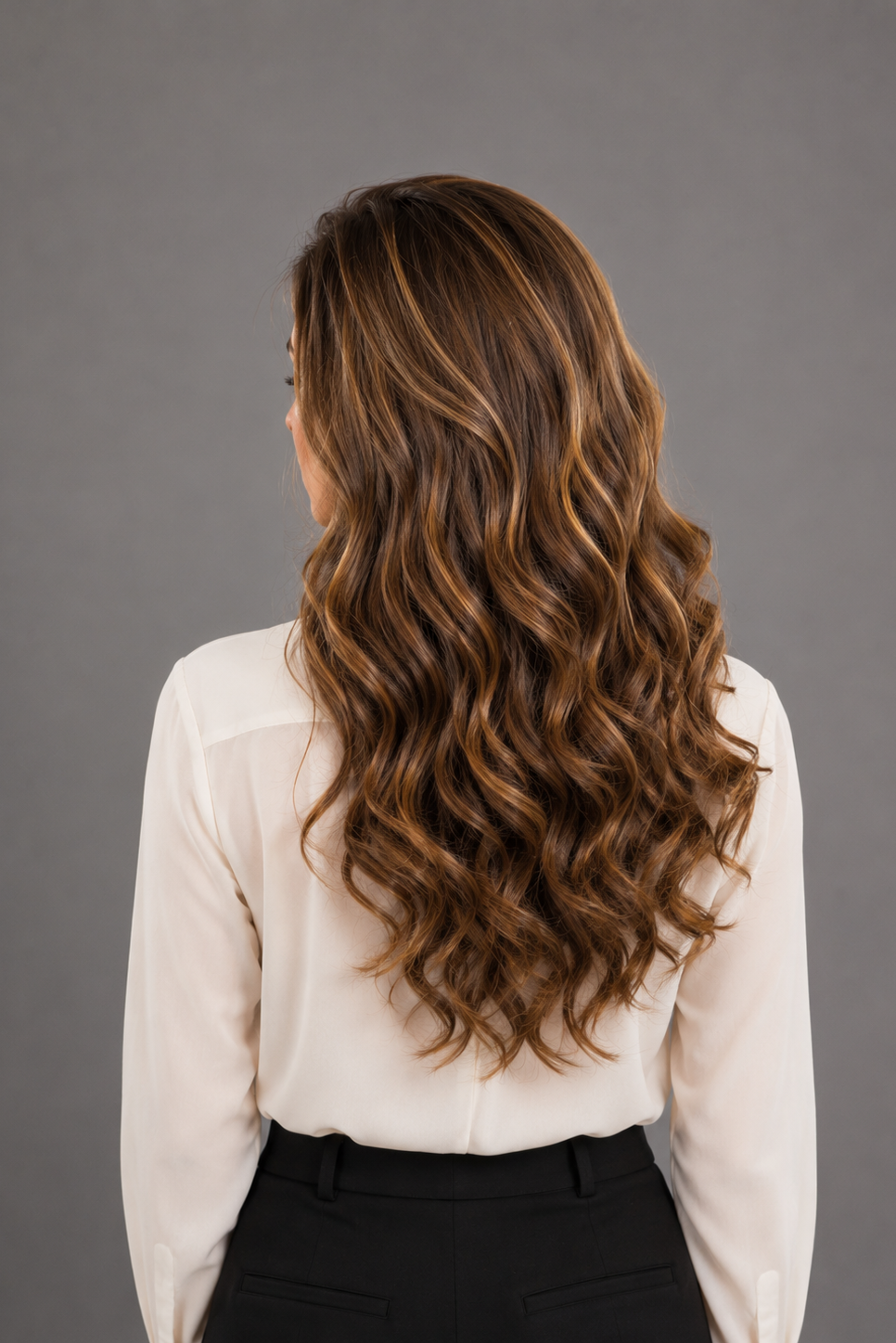Woman wearing Bespoke Human Hair Wig by PUSH 14-22" in color Belle with a cream colored button down blouse and black pants on a light grey background. Back view.